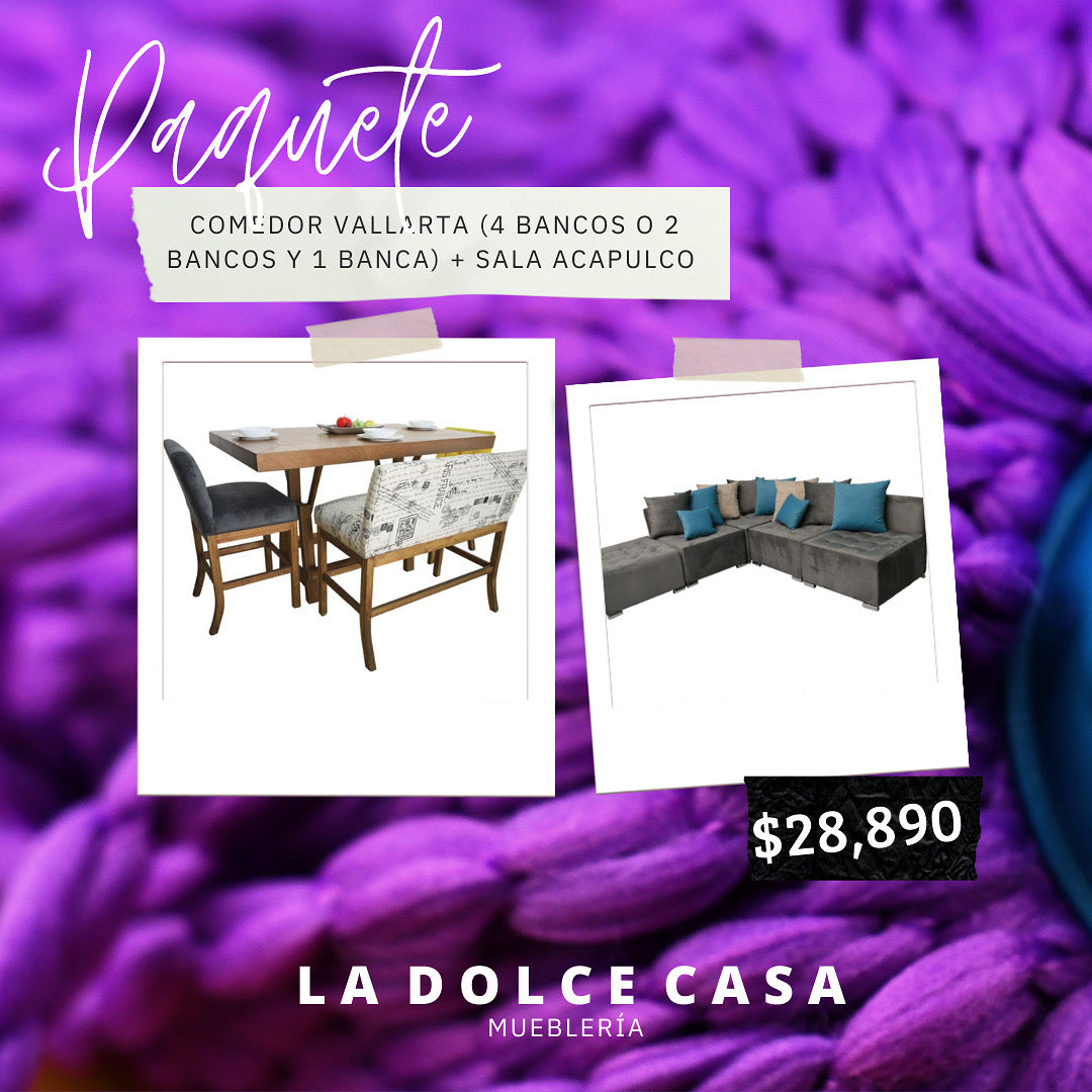 Promoción: Comedor Vallarta para 4 personas (4 bancos o 2 bancos y una banca) + Sala Acapulco.